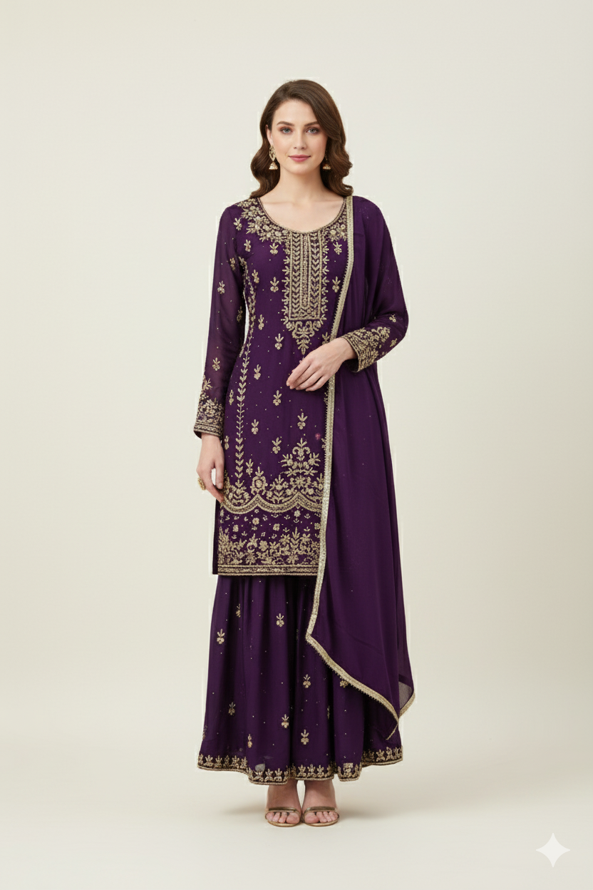 POUR CHINON HANDWORK SHARARA DRESS WITH DUPATTA