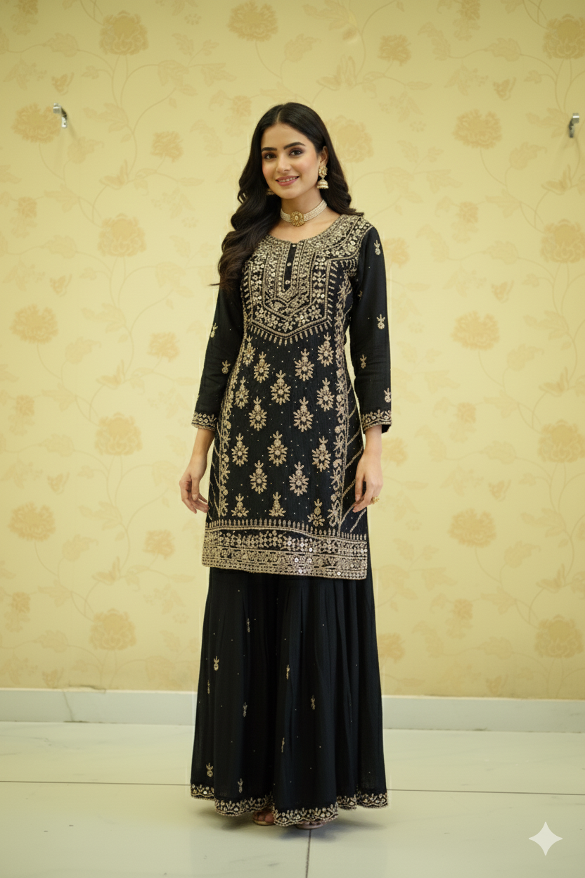 POUR CHINON HANDWORK SHARARA DRESS WITH DUPATTA
