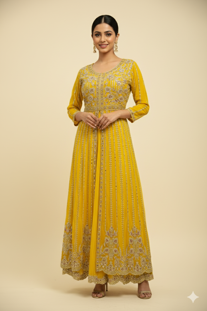 MUSTARD YELLOW HAND WORK DRESS WITH PLAZO WITH DUPATTA