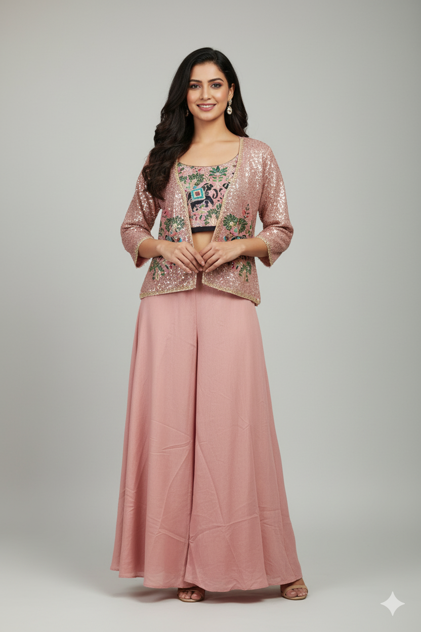 LIGHT PINK EMBELLISHED BLOUSE & JACKET SET