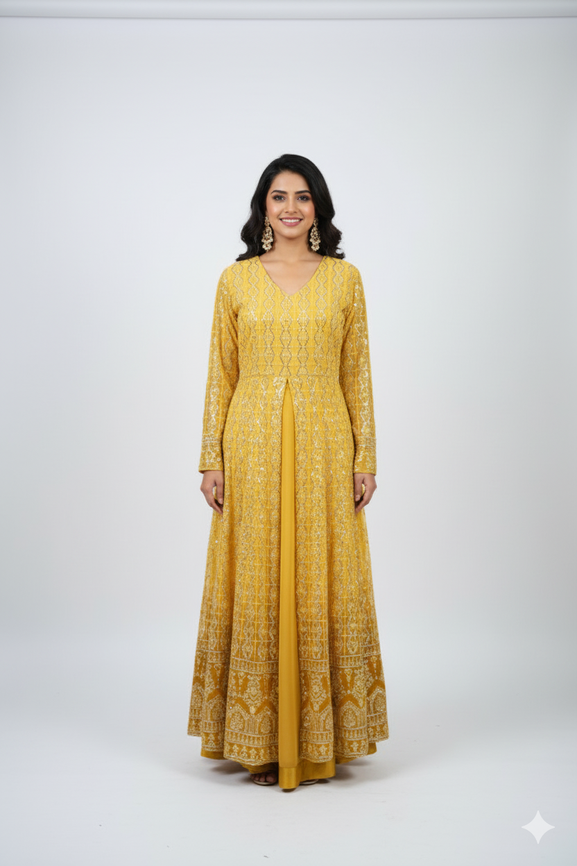 Ready To Wear Front Cut Thread Work Dress With Skirt & Dupatta