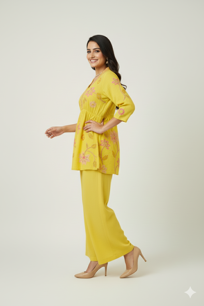 PRINTED PEPLUM DRESS WITH THREAD WORK