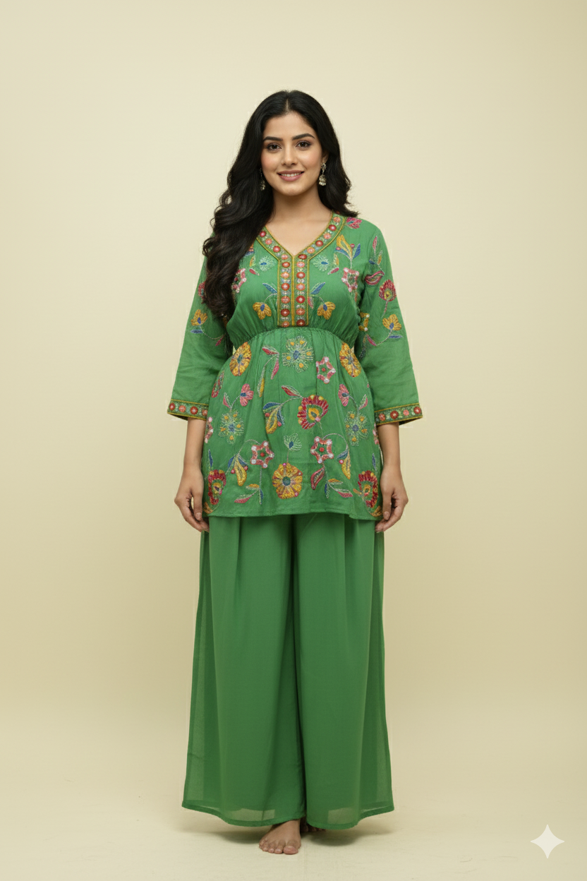 DESIGNER PEPLUM PRINTED DRESS WITH THREAD WORK