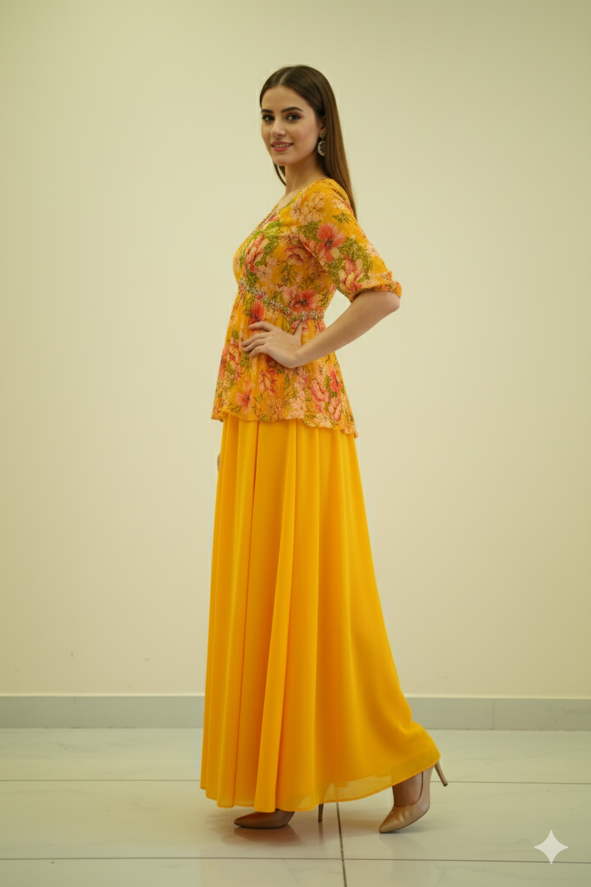 PRINTED PEPLUM DRESS WITH SHARARA