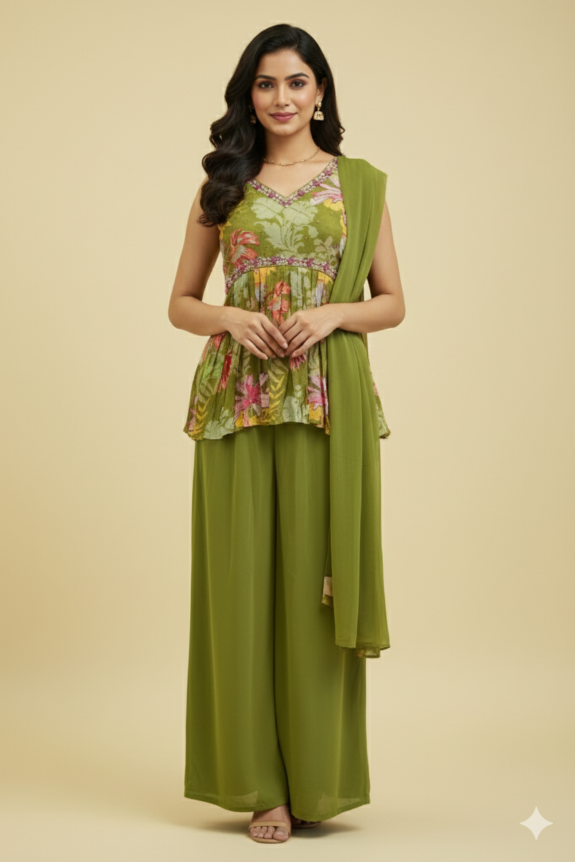 PRINTED GEORGETTE PEPLUM SHRARA DRESS