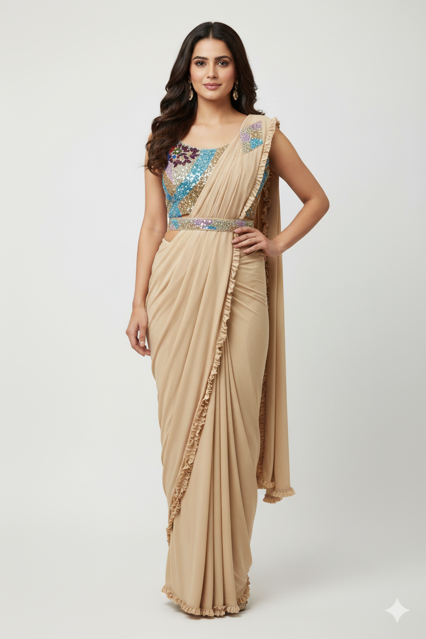GLIMMERING PRE-DRAPED SAREE WITH SET