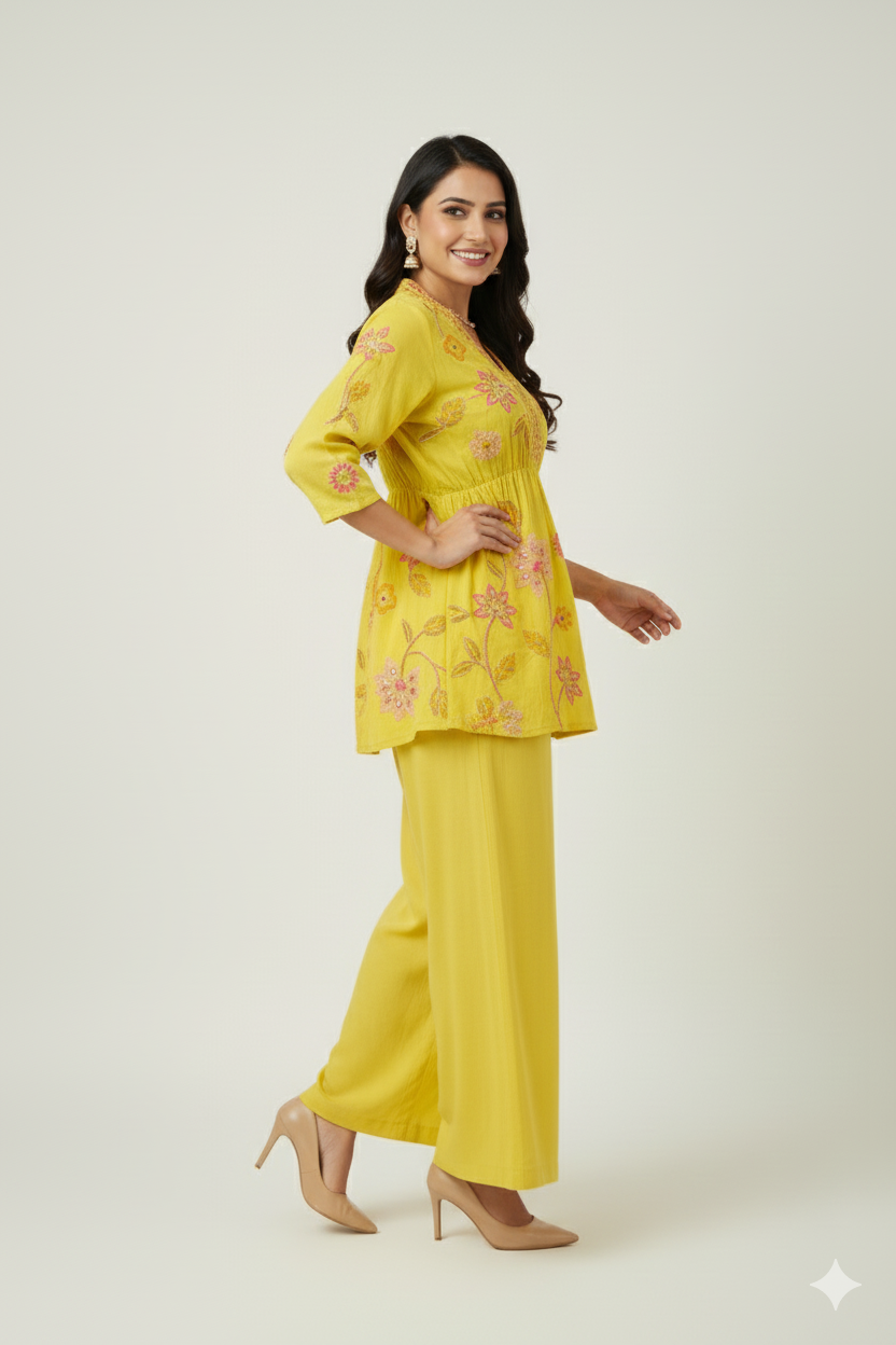 PRINTED PEPLUM DRESS WITH THREAD WORK