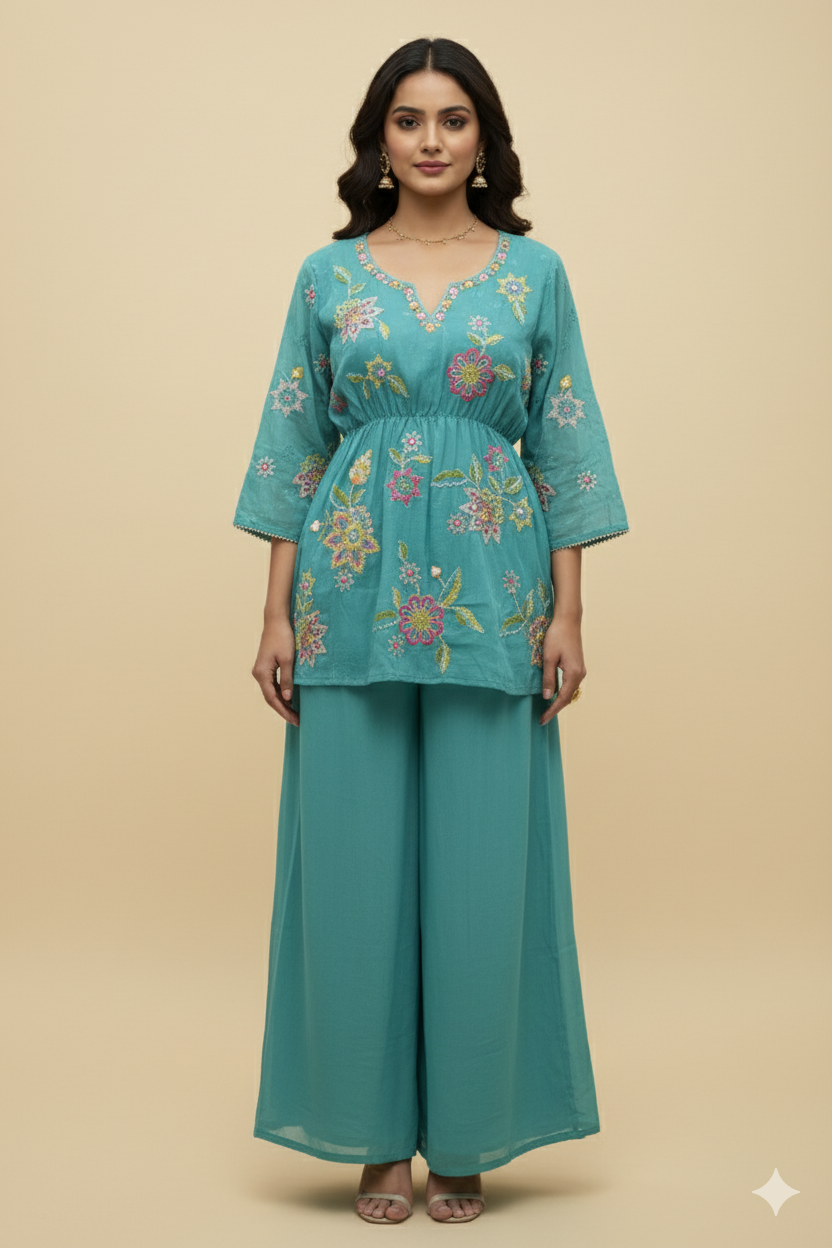 DESIGNER PEPLUM PRINTED DRESS WITH THREAD WORK