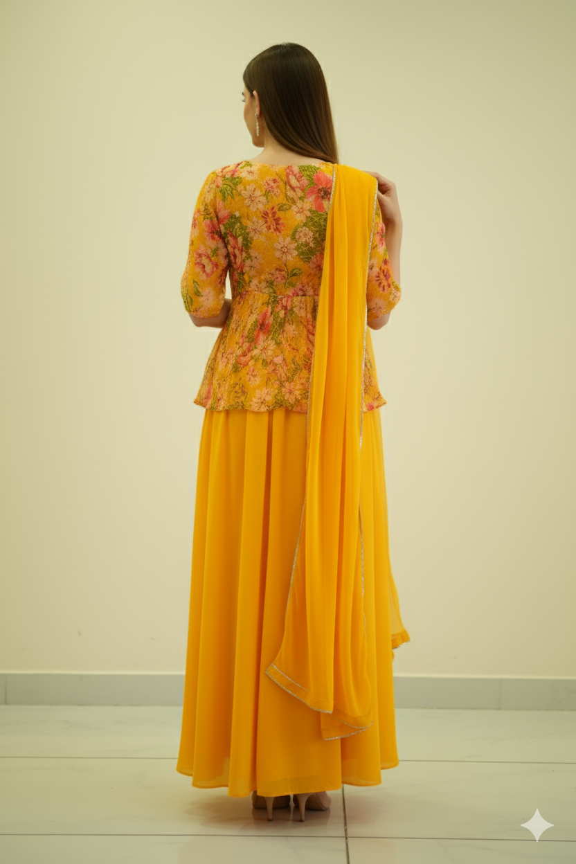 PRINTED PEPLUM DRESS WITH SHARARA