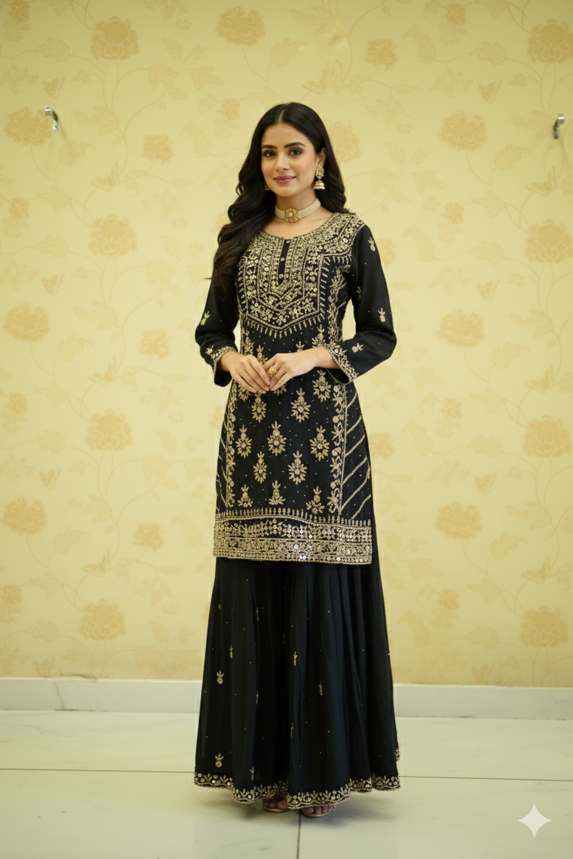 POUR CHINON HANDWORK SHARARA DRESS WITH DUPATTA