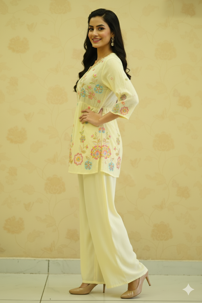 PRINTED PEPLUM DRESS WITH THREAD WORK