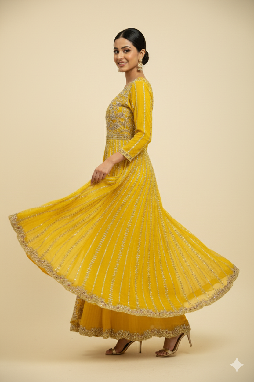 MUSTARD YELLOW HAND WORK DRESS WITH PLAZO WITH DUPATTA
