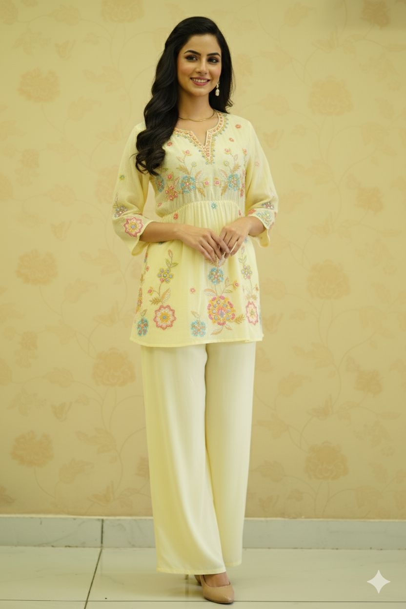 PRINTED PEPLUM DRESS WITH THREAD WORK