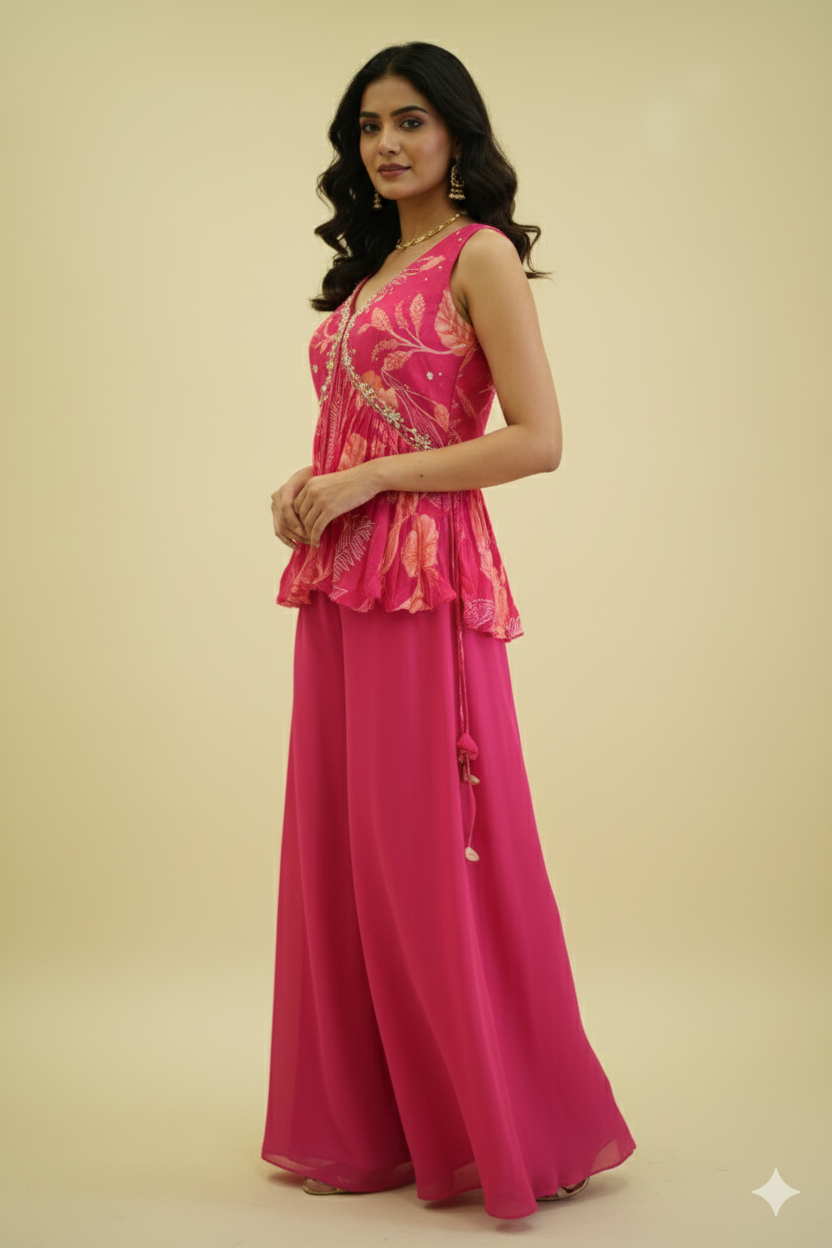 PRINTED GEORGETTE PEPLUM DRESS WITH SHARARA