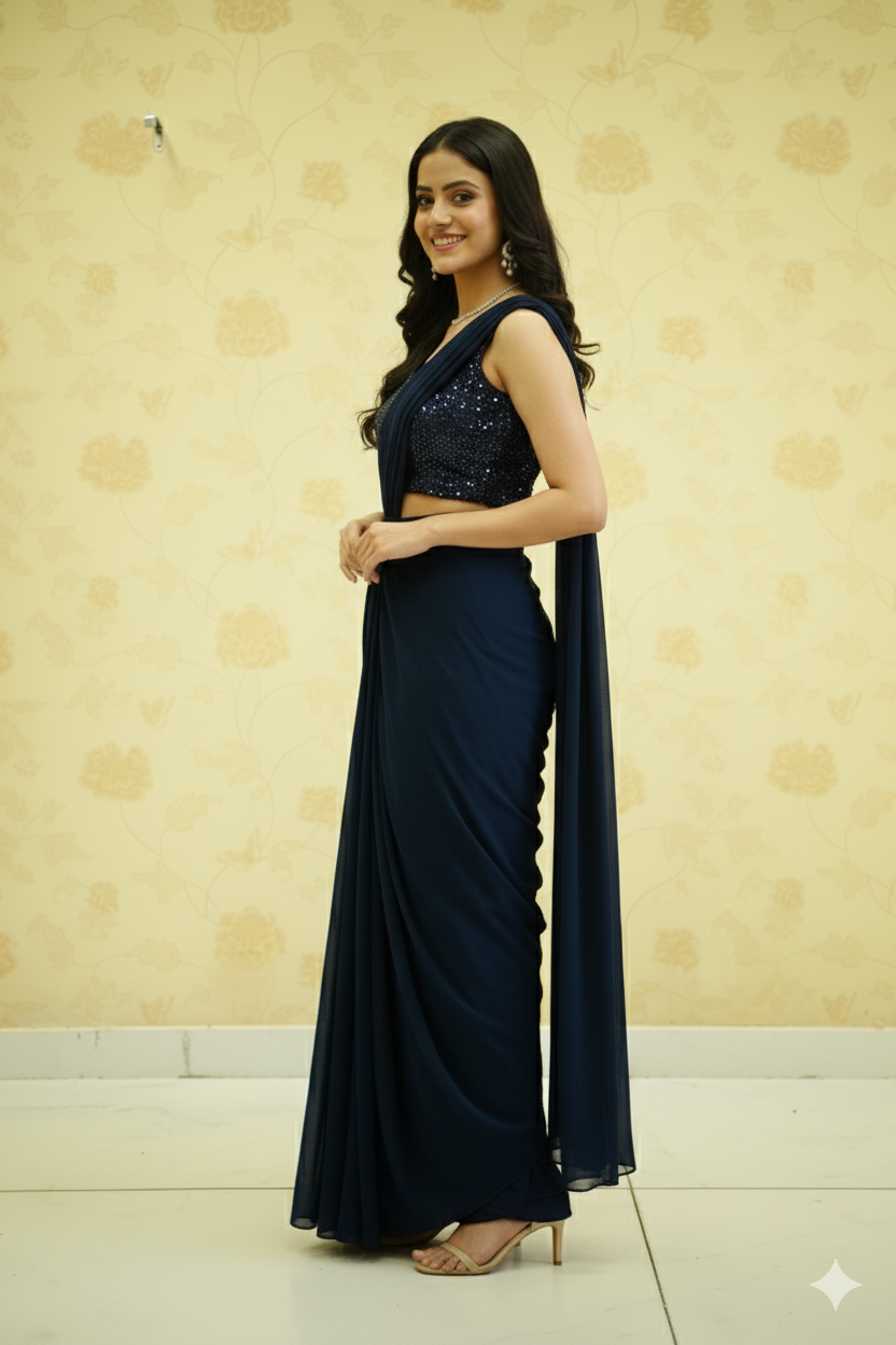 COMFORT PRE-DRAPED SAREE WITH DESIGNER BLOUSE