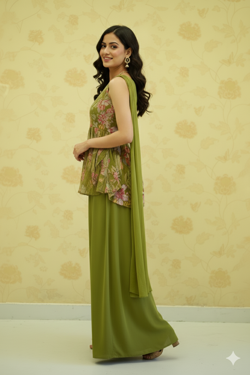 PRINTED GEORGETTE PEPLUM SHRARA DRESS