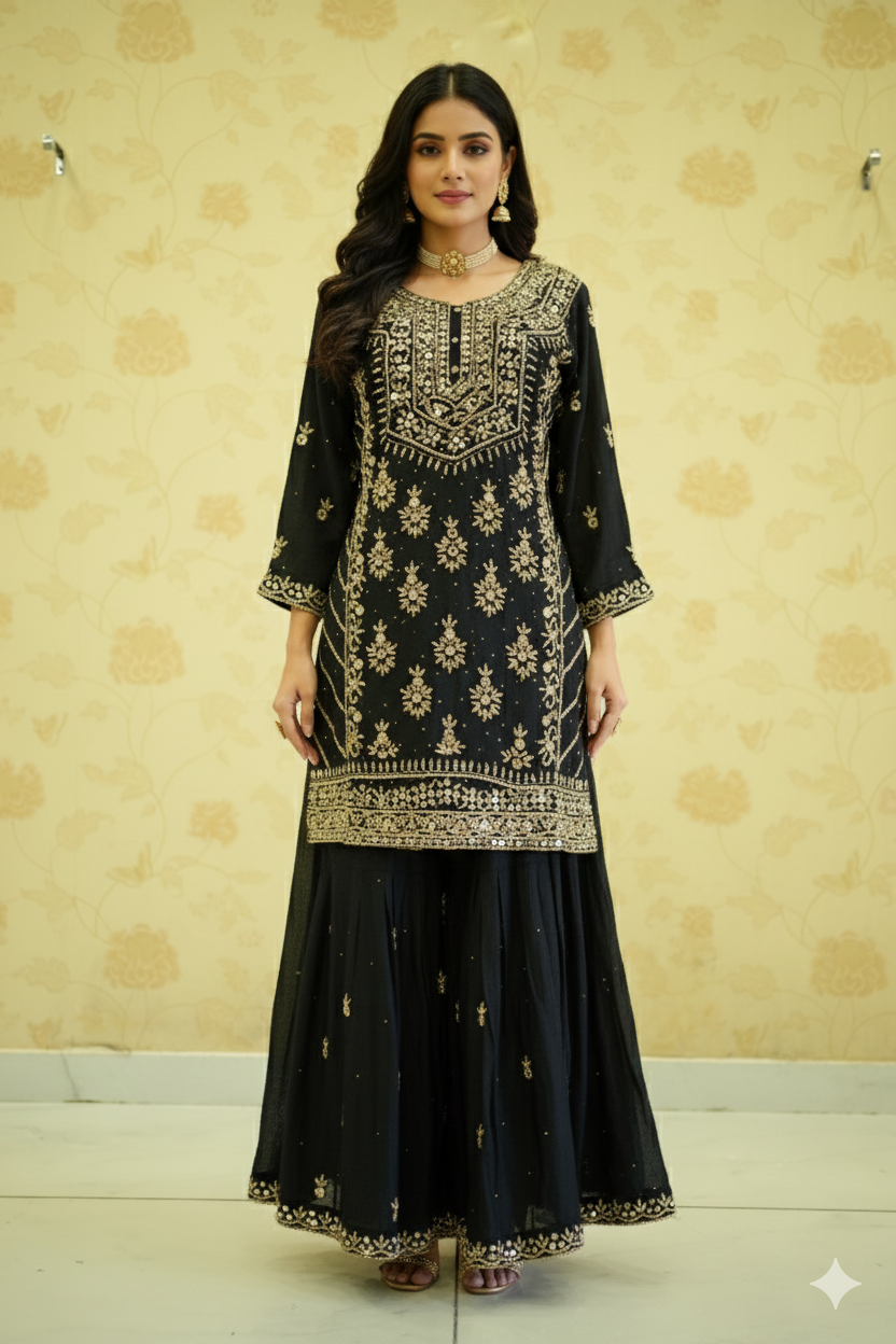 POUR CHINON HANDWORK SHARARA DRESS WITH DUPATTA
