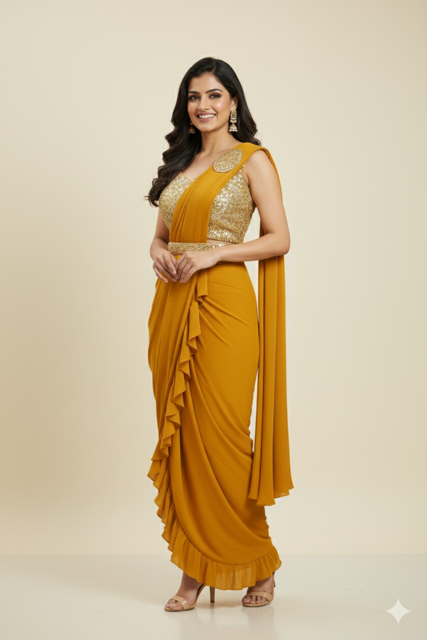 GLIMMERING PRE-DRAPED SAREE WITH PEARL WORK