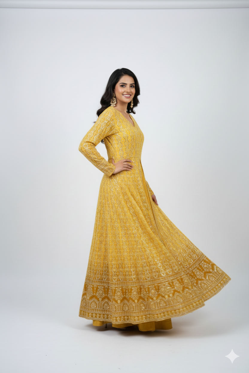 Ready To Wear Front Cut Thread Work Dress With Skirt & Dupatta