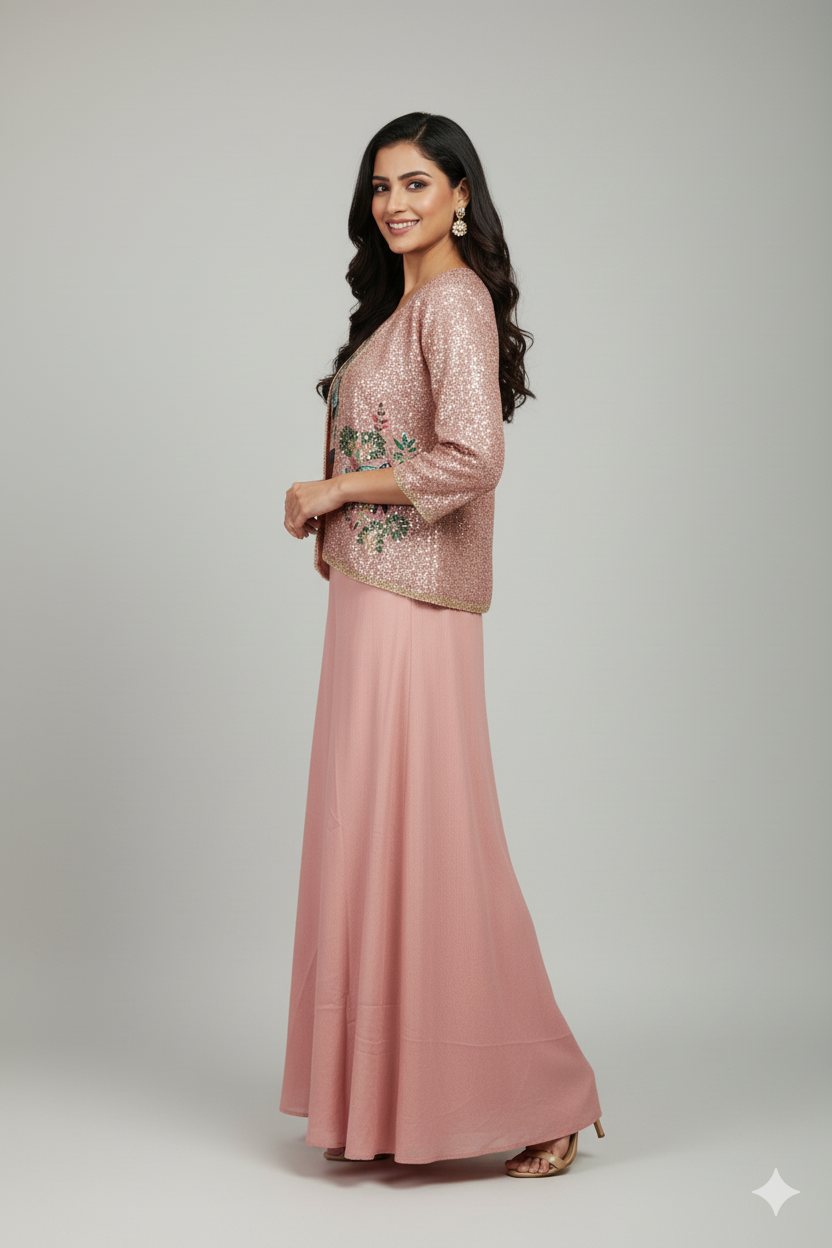 LIGHT PINK EMBELLISHED BLOUSE & JACKET SET