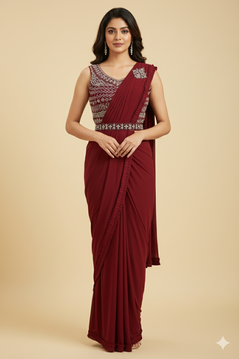 GLIMMERING PRE-DRAPED SAREE WITH BELT