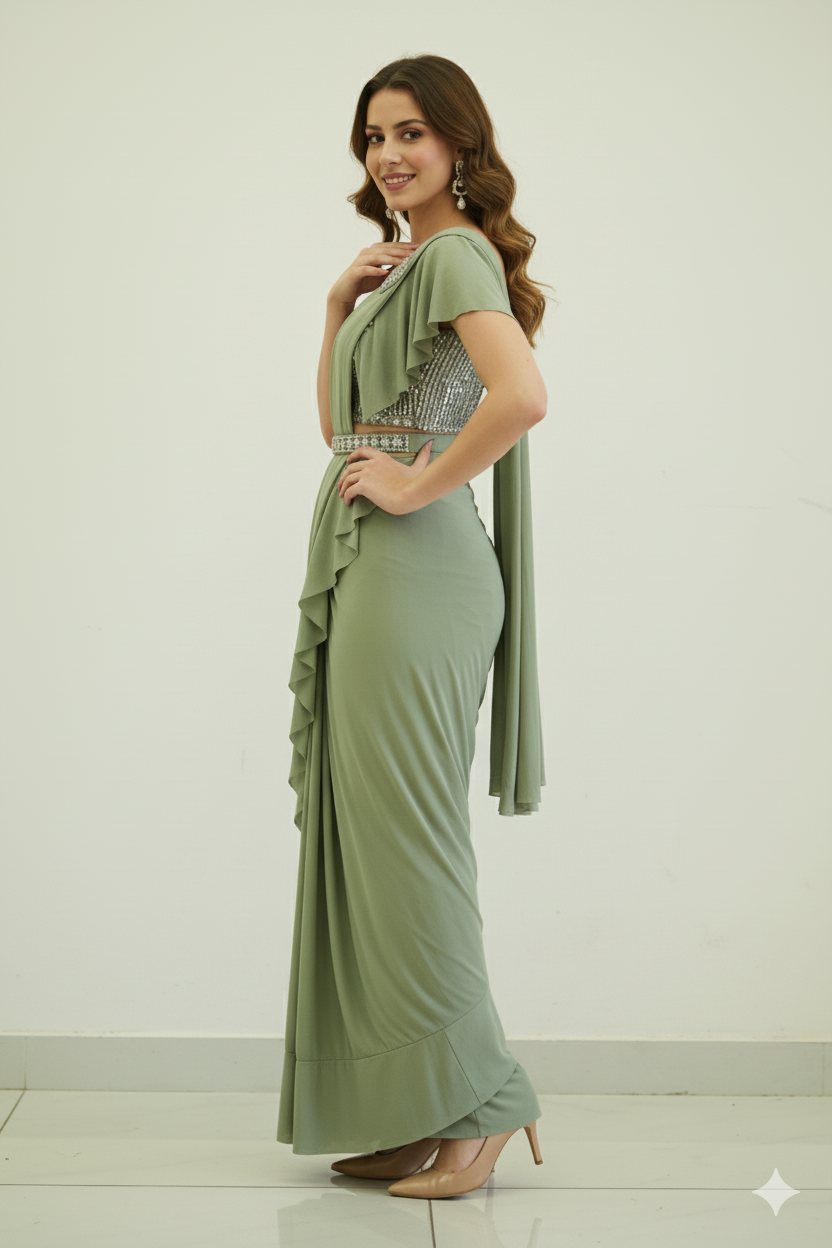 GLIMMERING PRE-DRAPED SAREE WITH SET