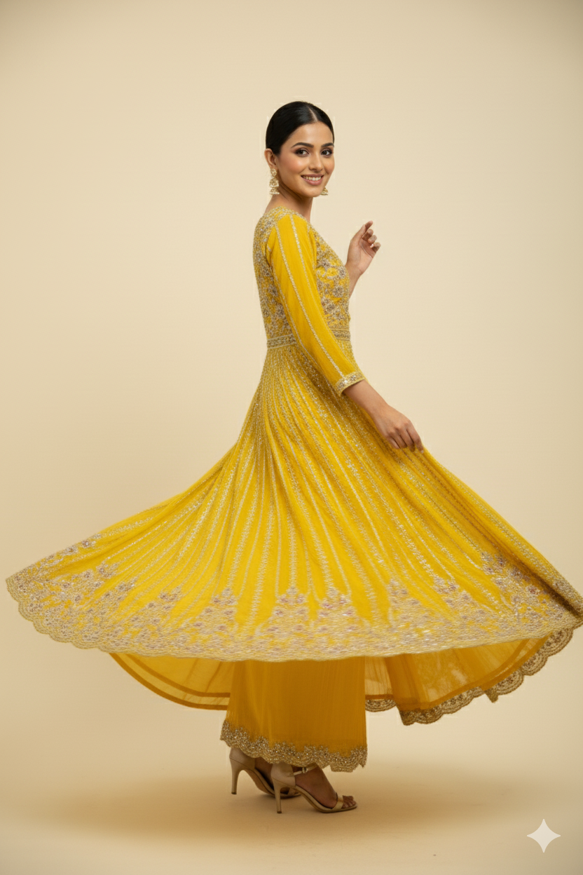 MUSTARD YELLOW HAND WORK DRESS WITH PLAZO WITH DUPATTA