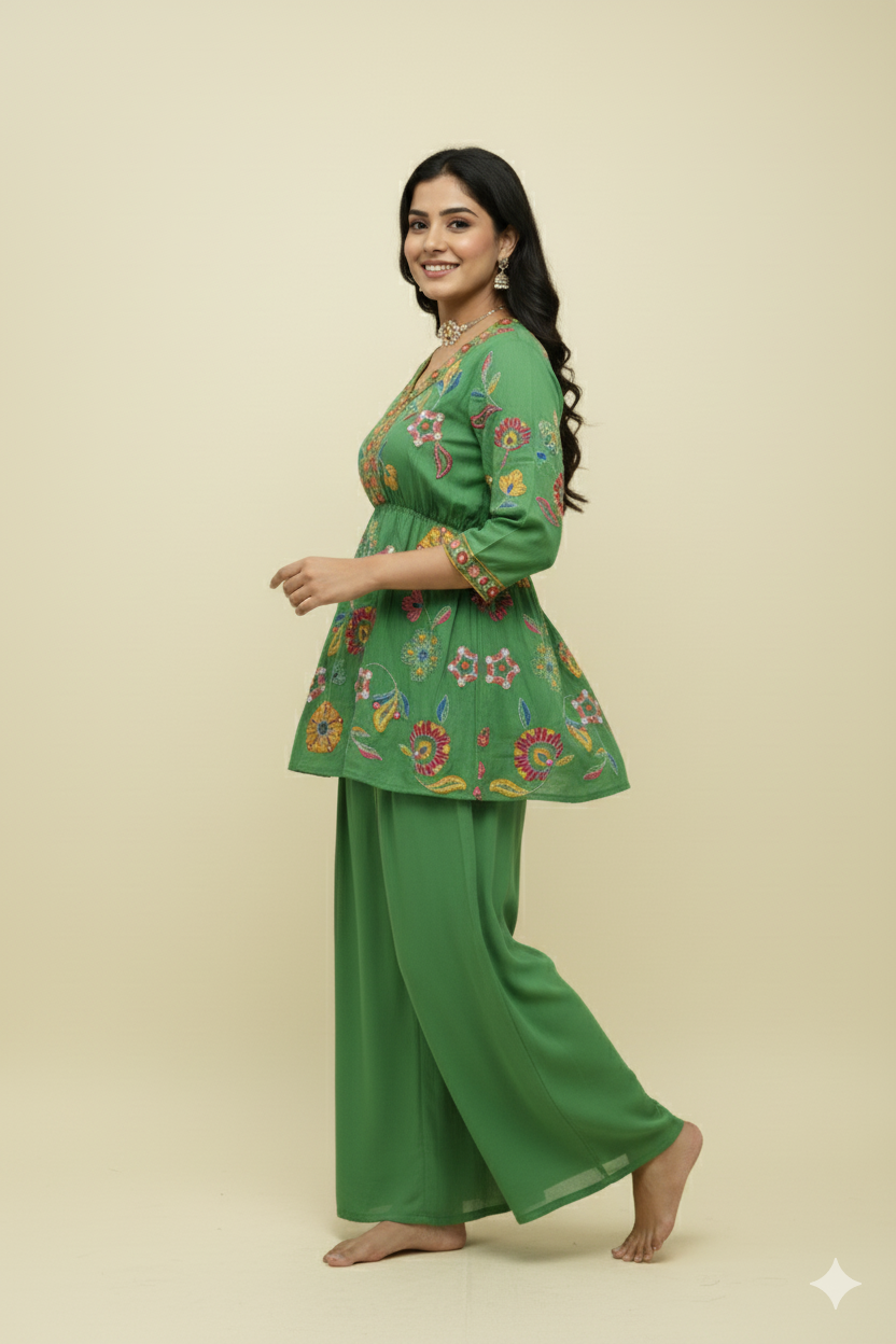 DESIGNER PEPLUM PRINTED DRESS WITH THREAD WORK