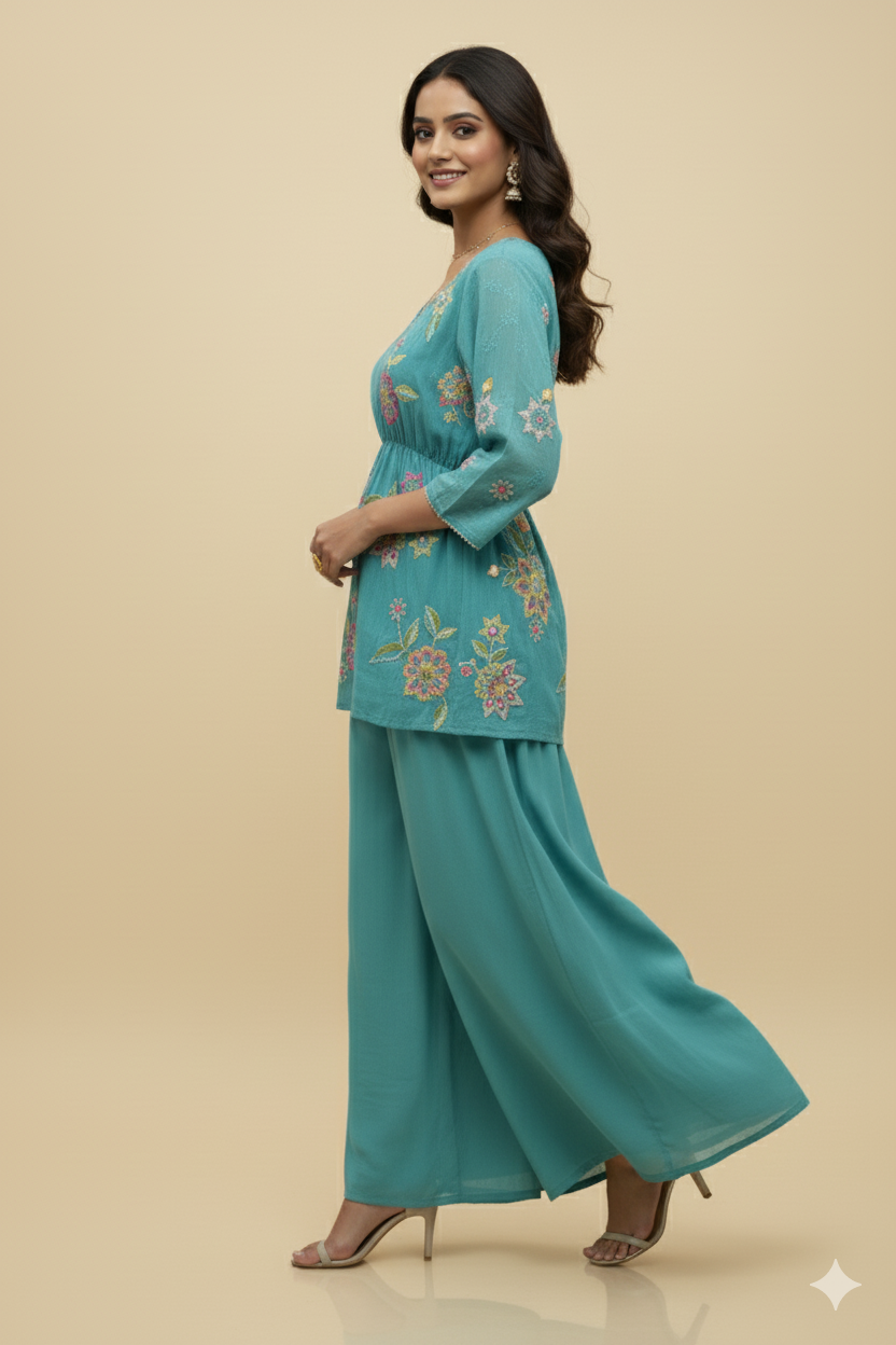 DESIGNER PEPLUM PRINTED DRESS WITH THREAD WORK