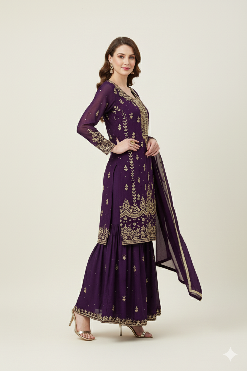 POUR CHINON HANDWORK SHARARA DRESS WITH DUPATTA