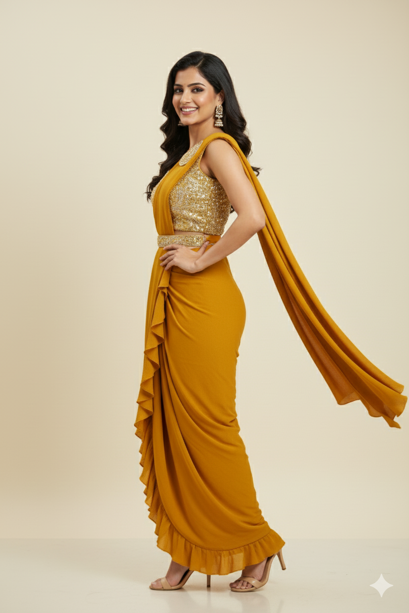 GLIMMERING PRE-DRAPED SAREE WITH PEARL WORK