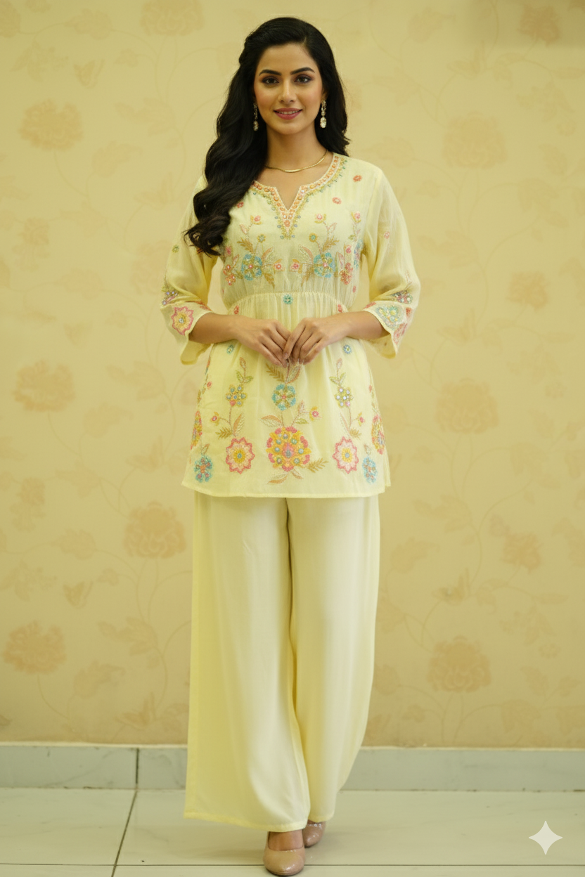 PRINTED PEPLUM DRESS WITH THREAD WORK