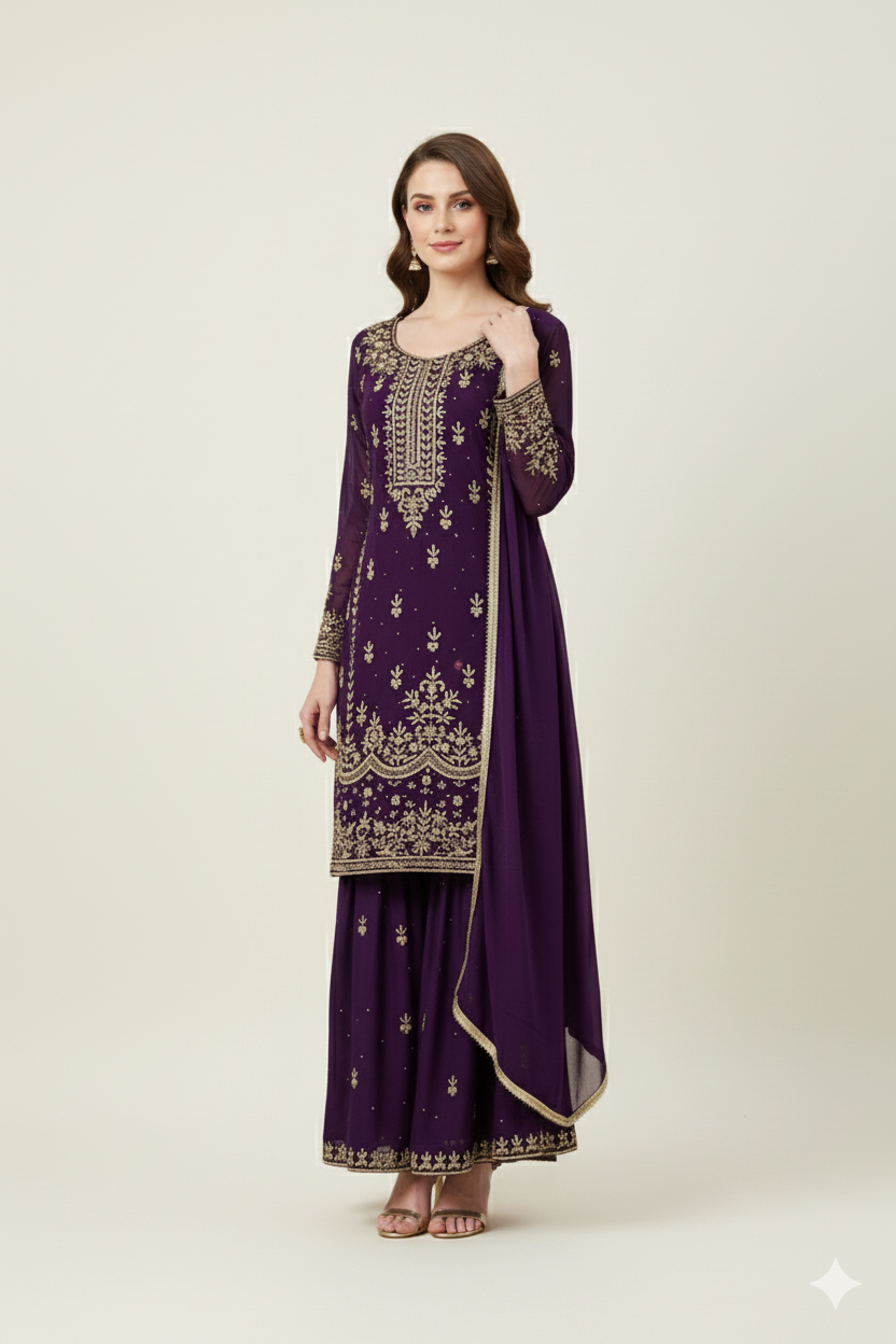 POUR CHINON HANDWORK SHARARA DRESS WITH DUPATTA