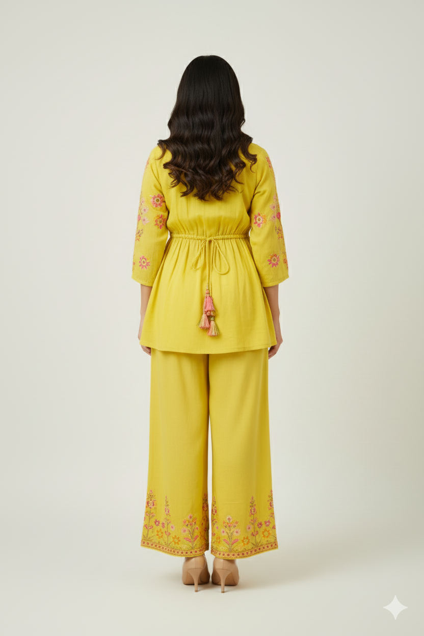 PRINTED PEPLUM DRESS WITH THREAD WORK