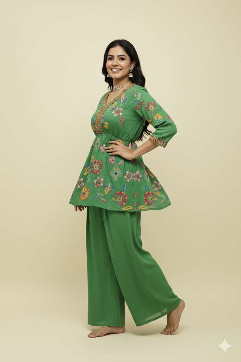 DESIGNER PEPLUM PRINTED DRESS WITH THREAD WORK