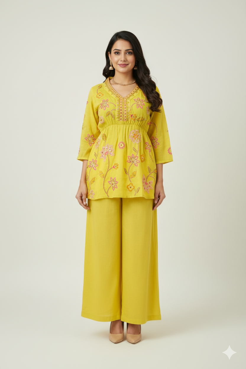 PRINTED PEPLUM DRESS WITH THREAD WORK