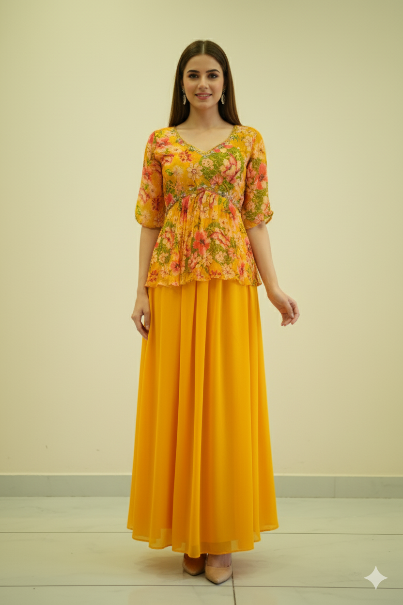 PRINTED PEPLUM DRESS WITH SHARARA