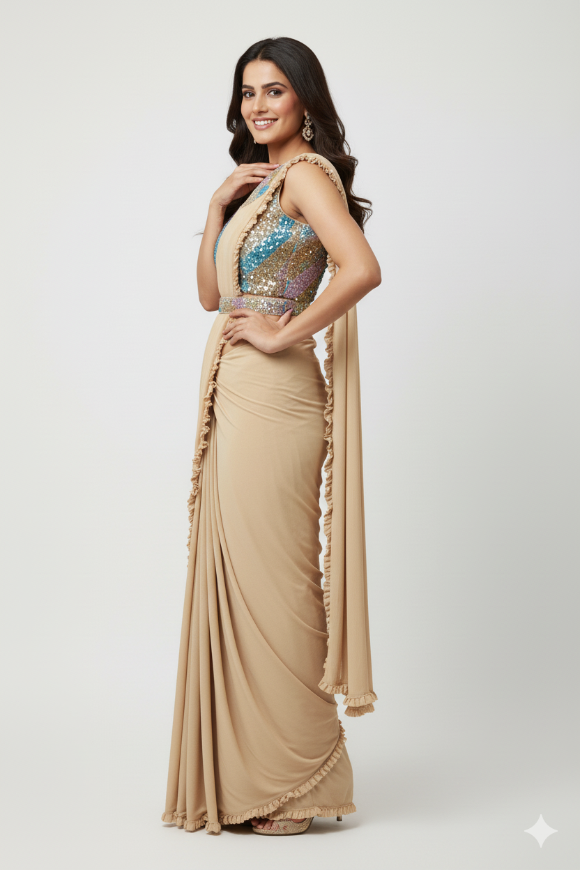 GLIMMERING PRE-DRAPED SAREE WITH SET