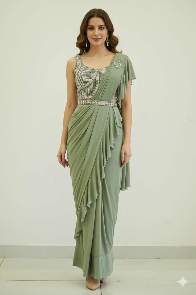 GLIMMERING PRE-DRAPED SAREE WITH SET