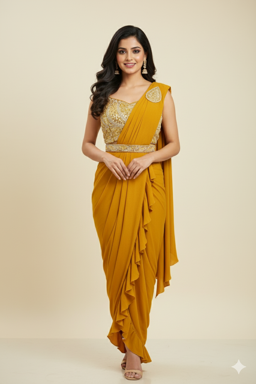 GLIMMERING PRE-DRAPED SAREE WITH PEARL WORK