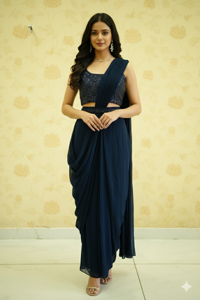 COMFORT PRE-DRAPED SAREE WITH DESIGNER BLOUSE