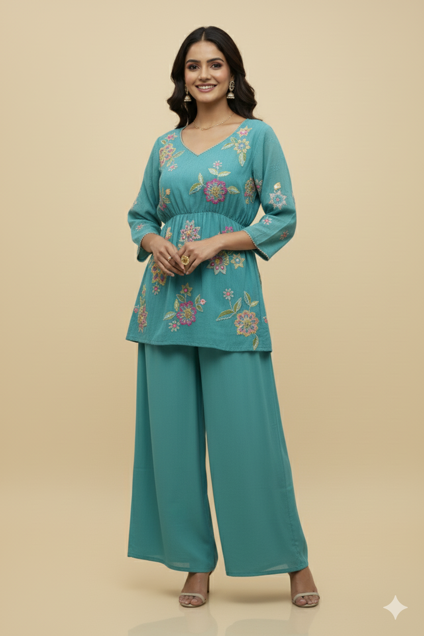 DESIGNER PEPLUM PRINTED DRESS WITH THREAD WORK