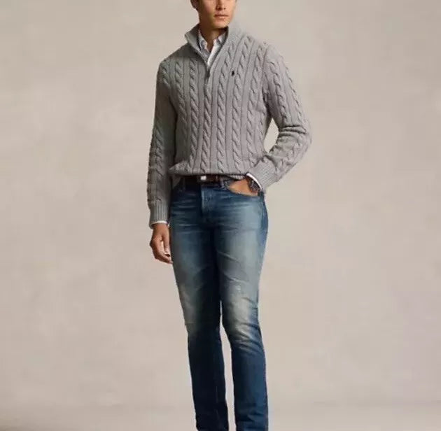 Polo Ralph Lauren Men’s Cable-Knit Cotton Quarter-Zip Sweater Grey