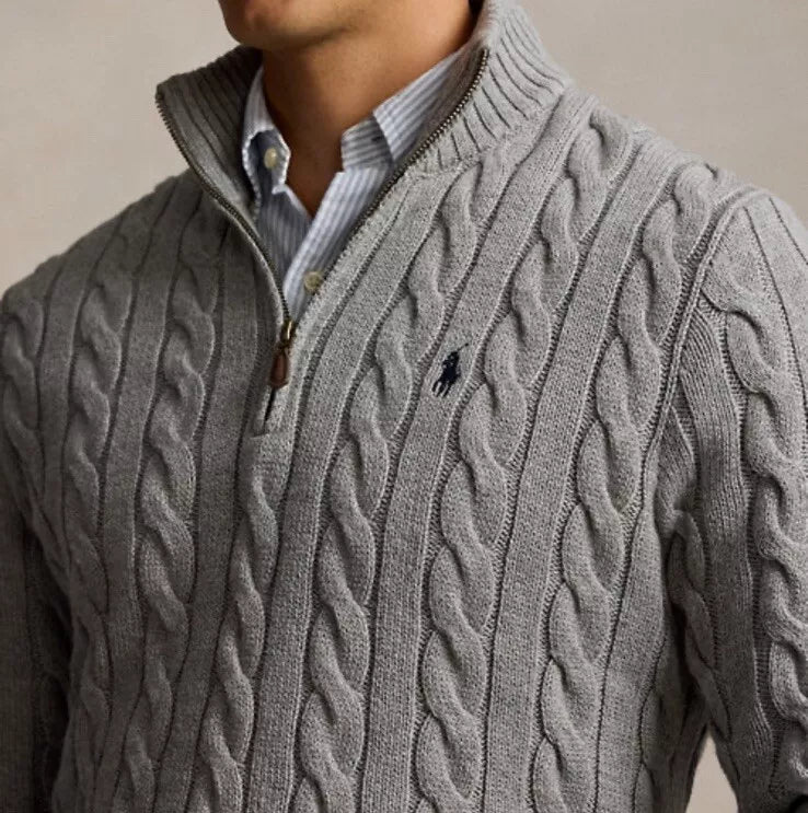 Polo Ralph Lauren Men’s Cable-Knit Cotton Quarter-Zip Sweater Grey